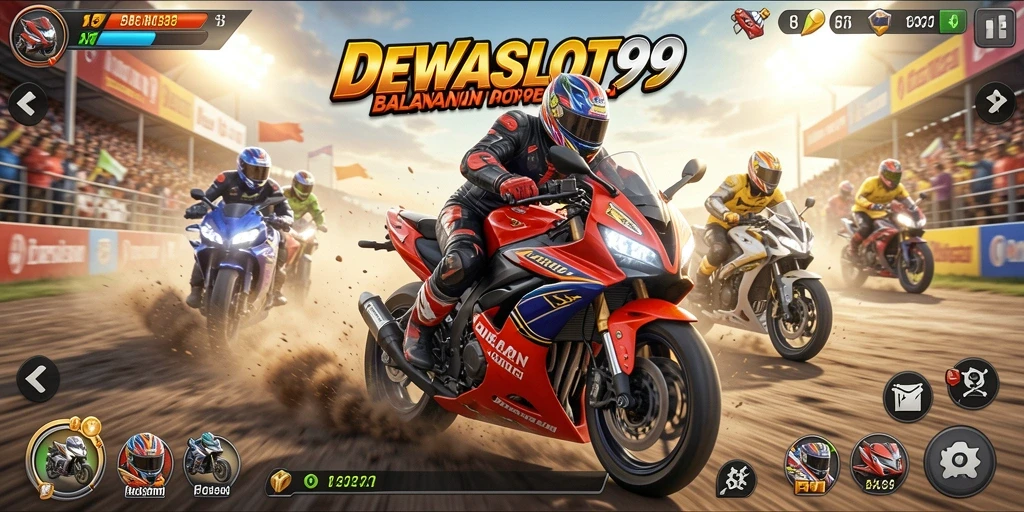 Screenshot DEWASLOT99 menampilkan adegan balapan motor yang penuh aksi.