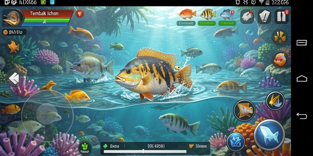 Tampilan gameplay seru dalam IDX66 dengan ikan beragam dan senjata menarik.