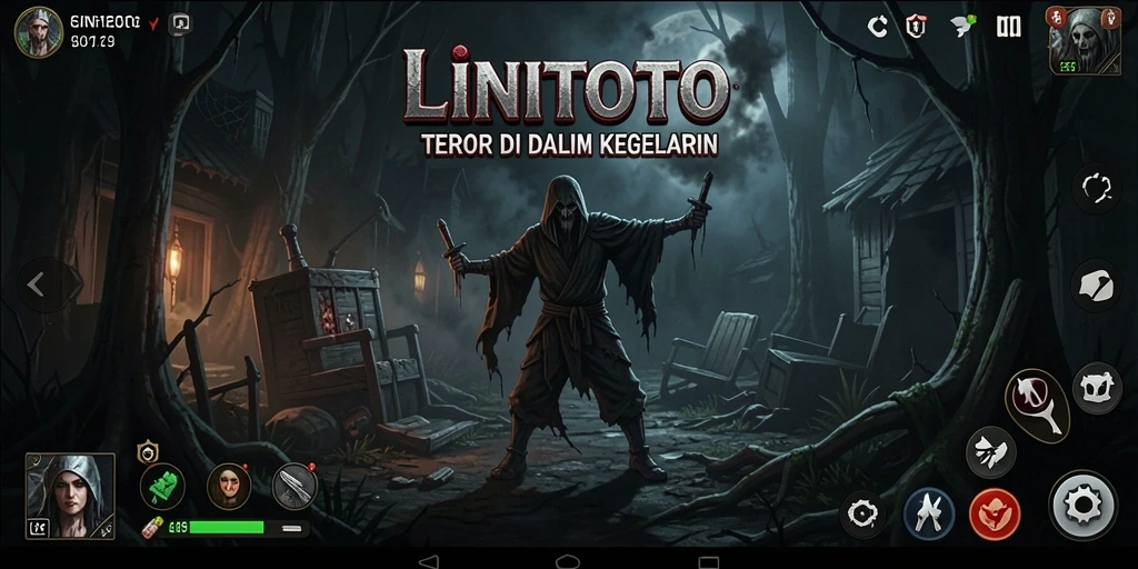 Tangkapan layar gameplay LINITOTO menampilkan suasana Horror yang gelap dan mencekam.