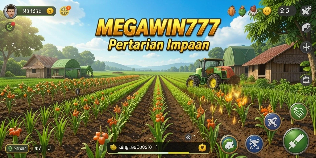 Tampilan gameplay MEGAWIN777 dengan pertanian yang indah dan interaksi seru.
