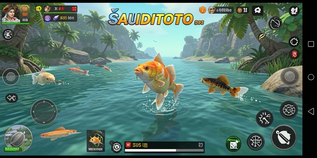 Tampilan gameplay SAUDITOTO yang menampilkan momen menangkap ikan.